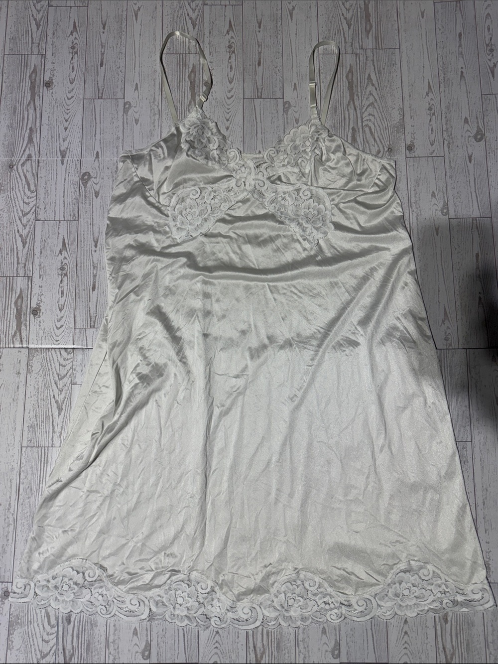 Vanity Fair White Satin Lace-Trim Chemise